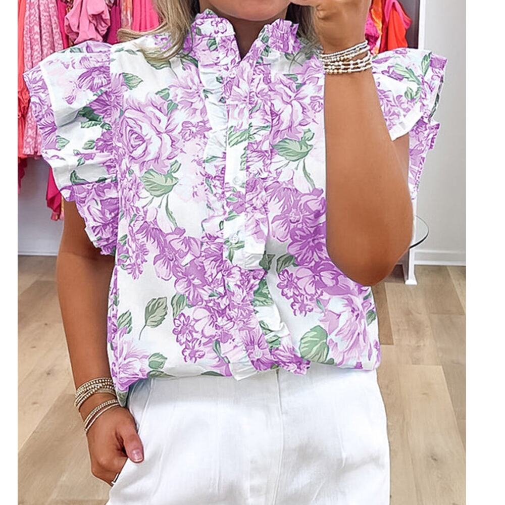 Cute Purple Floral Print Ruffle Sleeve Frilly Button Up Shirt Top